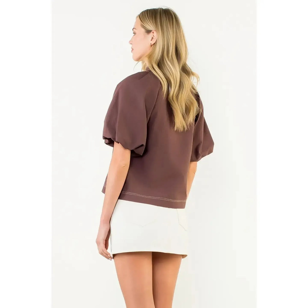 THML Jaylin Contrast Stitch Top- Brown-Hand In Pocket