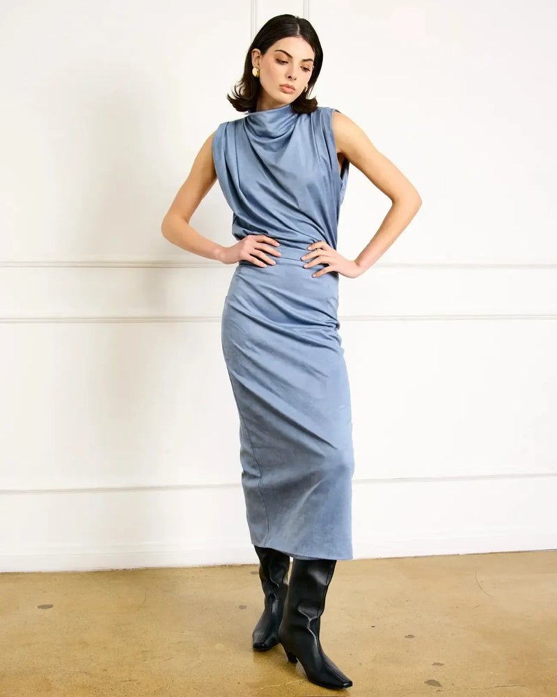 Line + Dot Alix Top- Steel Blue-Hand In Pocket