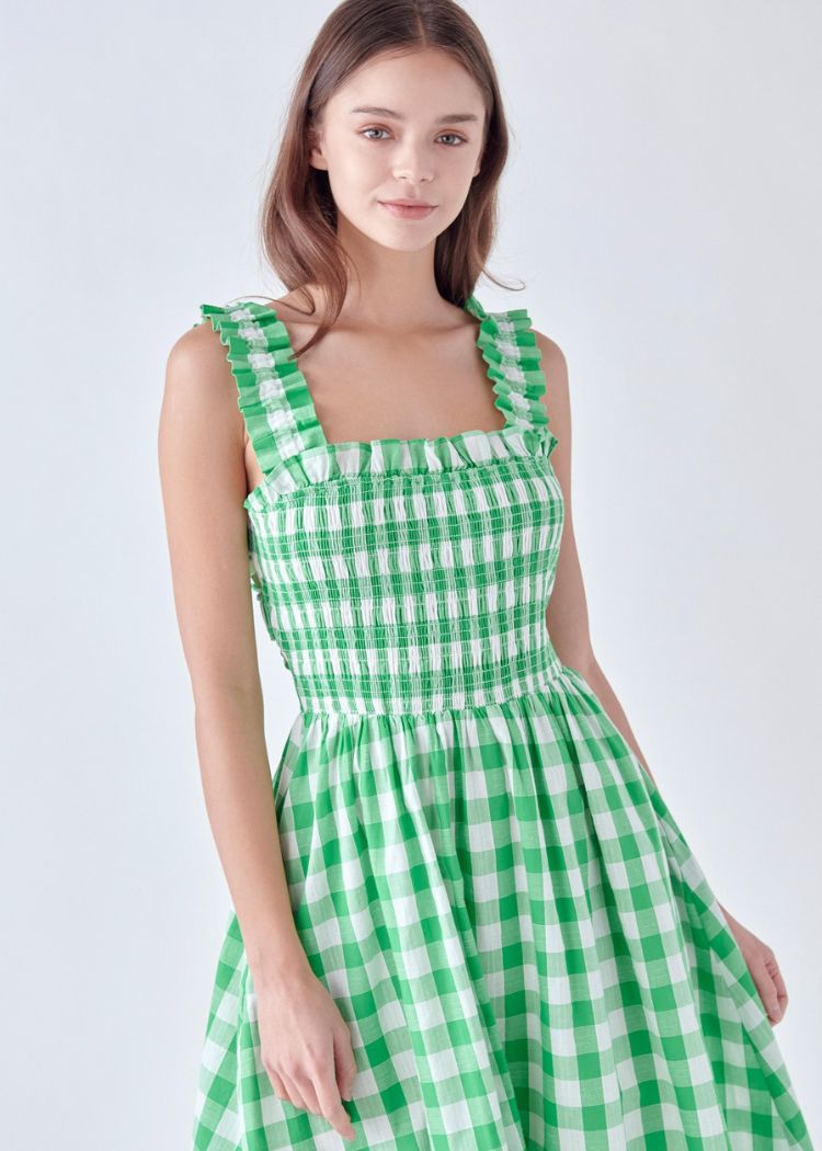 Alice Check Print Midi Dress- Green-Hand In Pocket