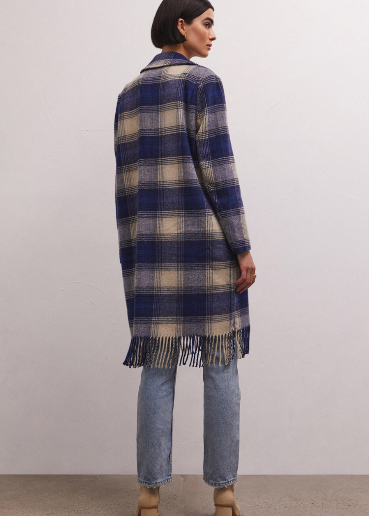 Z Supply Ynez Fringed Plaid Coat-Hand In Pocket