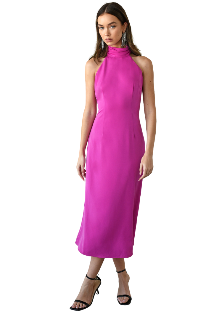 fuchsia halter dress Alicia Satin Halter Maxi Dress