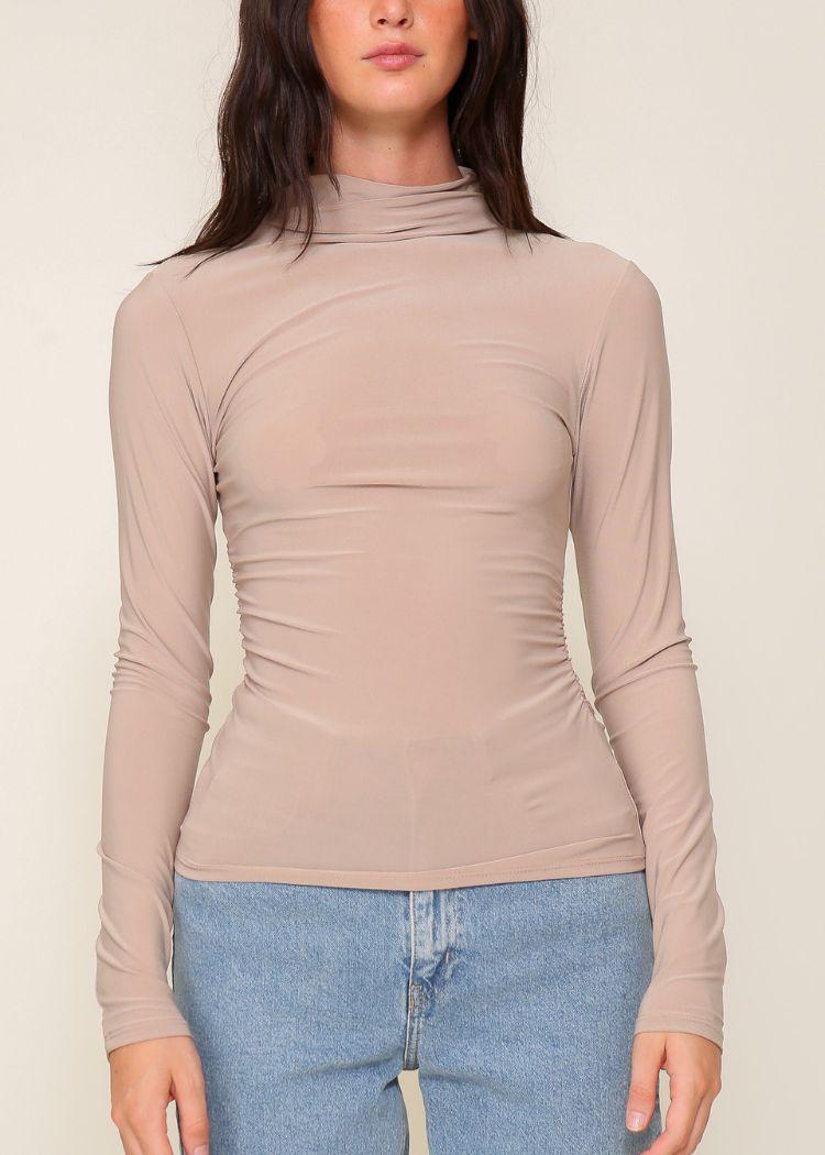 High Neck Knit Top with Side Ruched Detail- Tan-Hand In Pocket
