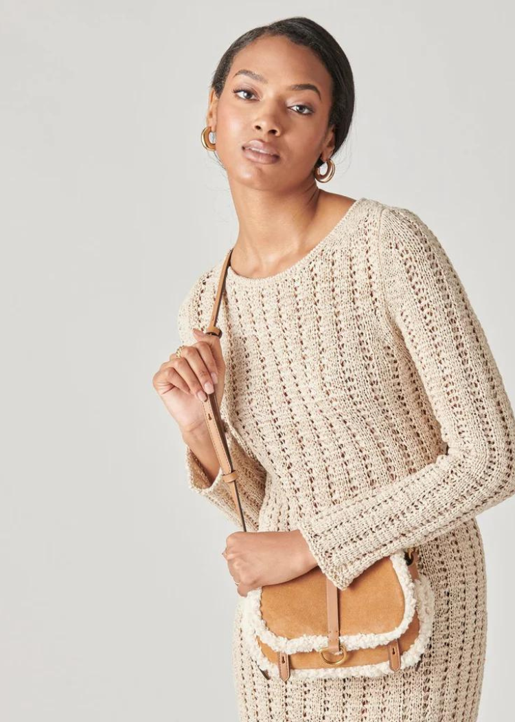Dolce Vita Rylee Convertible Shearling Crossbody- Rust-Hand In Pocket