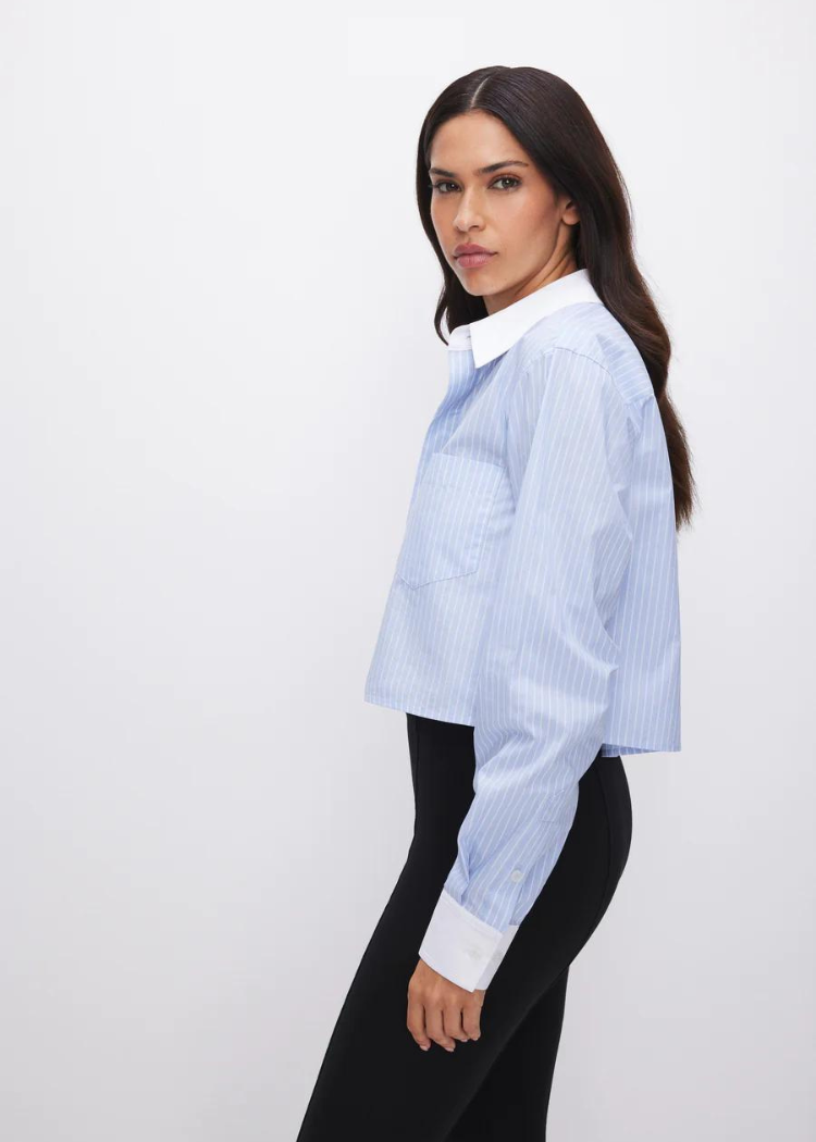Good American Yarndye Poplin Crop Top-Hand In Pocket