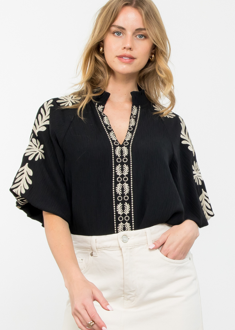 THML Josephine Embroidered Sleeve Top-Black-Hand In Pocket