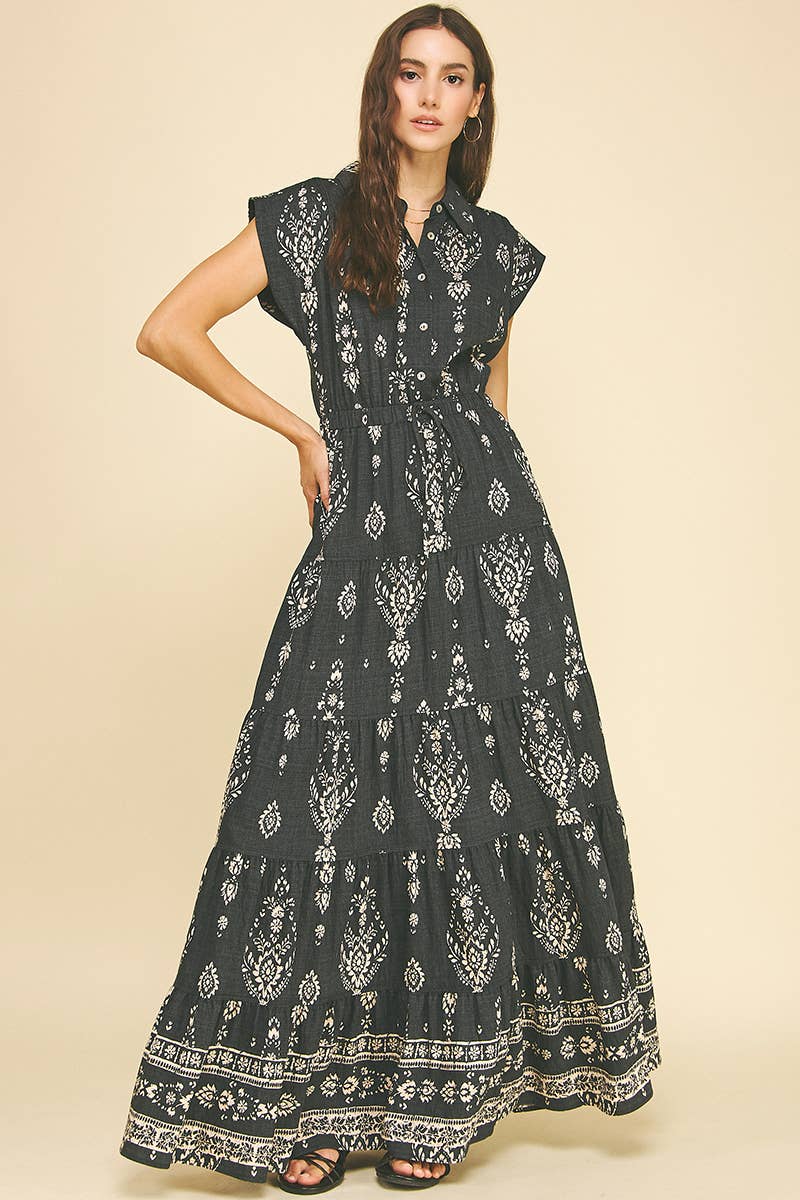 PRINT TIERED MAXI DRESS - 6198DA: Black / S-Hand In Pocket