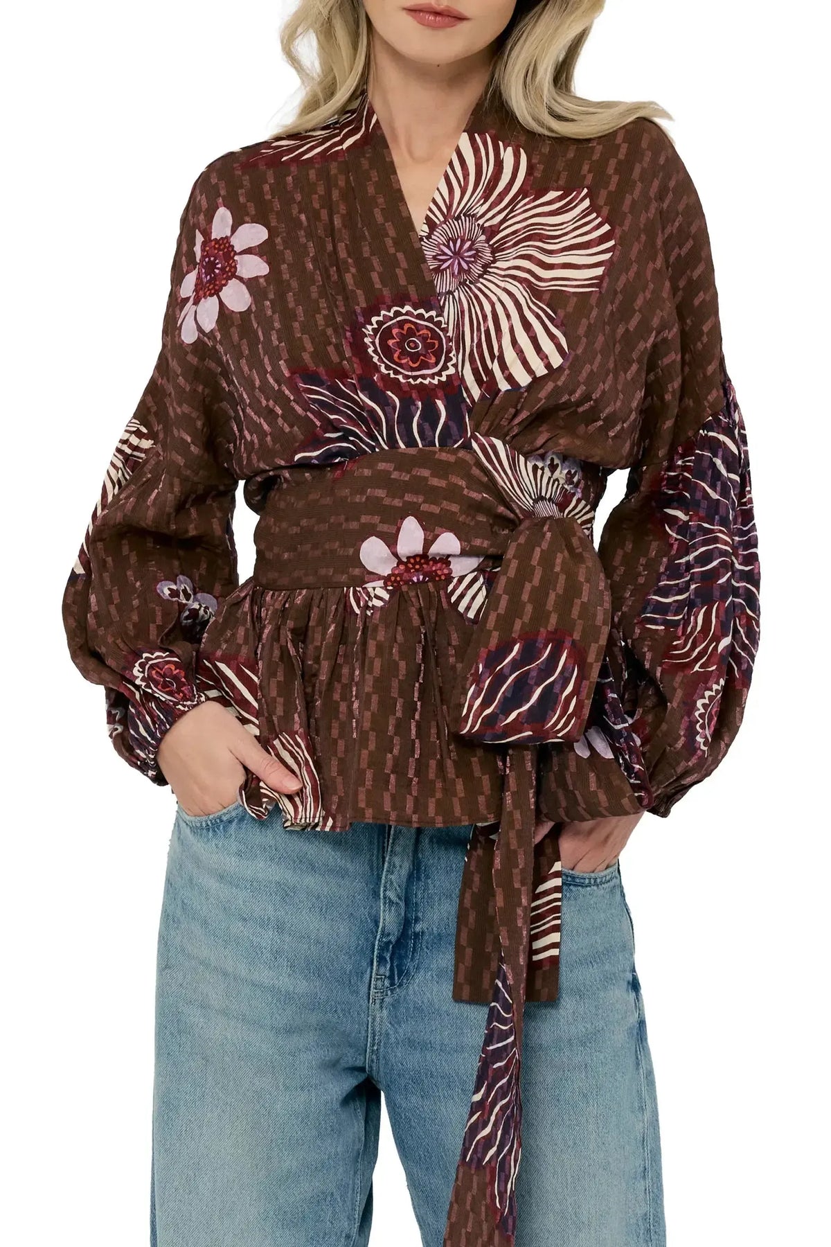 Ciebon Opal Floral Wrap Blouse - Brown Multi-Hand In Pocket