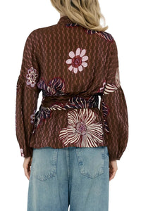Ciebon Opal Floral Wrap Blouse - Brown Multi-Hand In Pocket