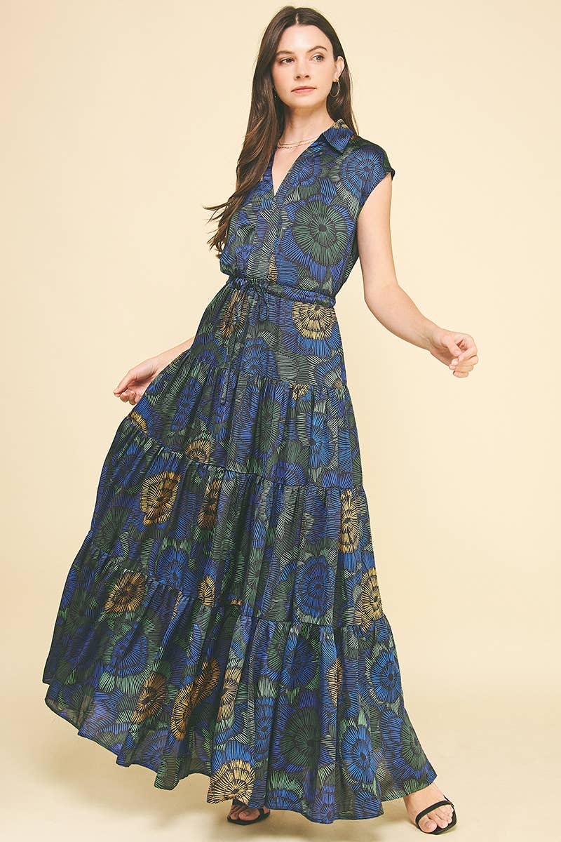 FLORAL TIERED MAXI DRESS - 5176DF: BLUE MULTI / S-Hand In Pocket