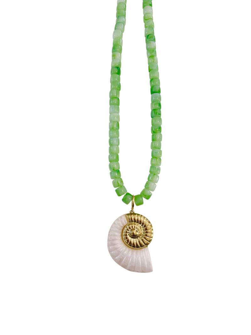 Camila Green Beaded Necklace with Shell - Green/Cream-Hand In Pocket