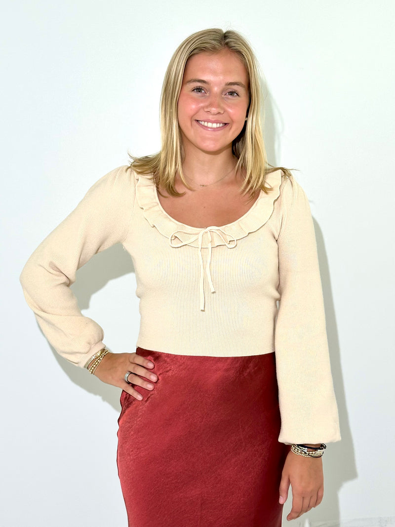 Siivan Ruffle Knit Sweater - Oatmeal-Hand In Pocket