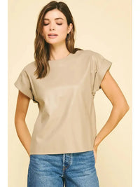 Sabrina Faux Leather Cap Sleeve Top- Taupe-Hand In Pocket