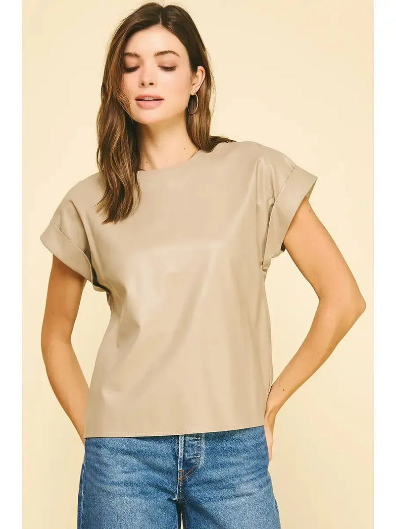 Sabrina Faux Leather Cap Sleeve Top- Taupe-Hand In Pocket