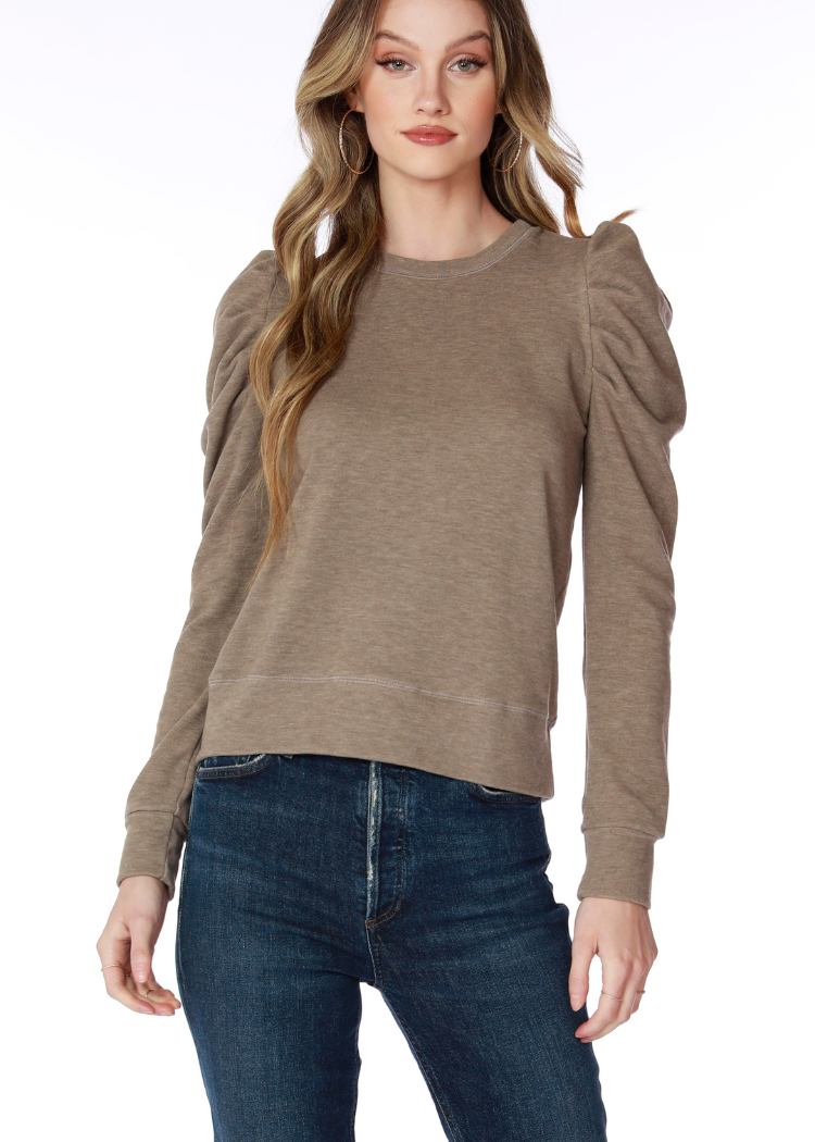 Bobi Puff Shoulder Sweatshirt-Taupe-Hand In Pocket