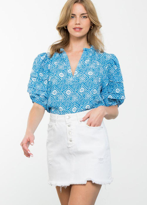 Alice Puff Sleeve Textured Print Top-Hand In Pocket