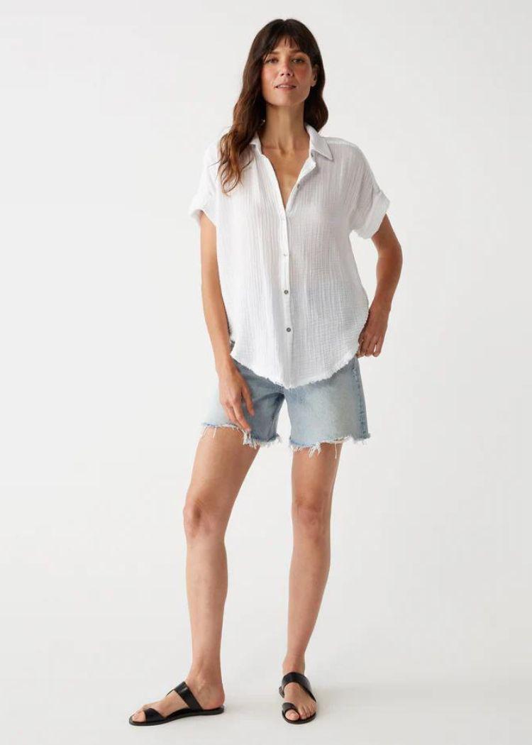 Michael Stars Bailey Gauze Button Down Shirt- White-Hand In Pocket