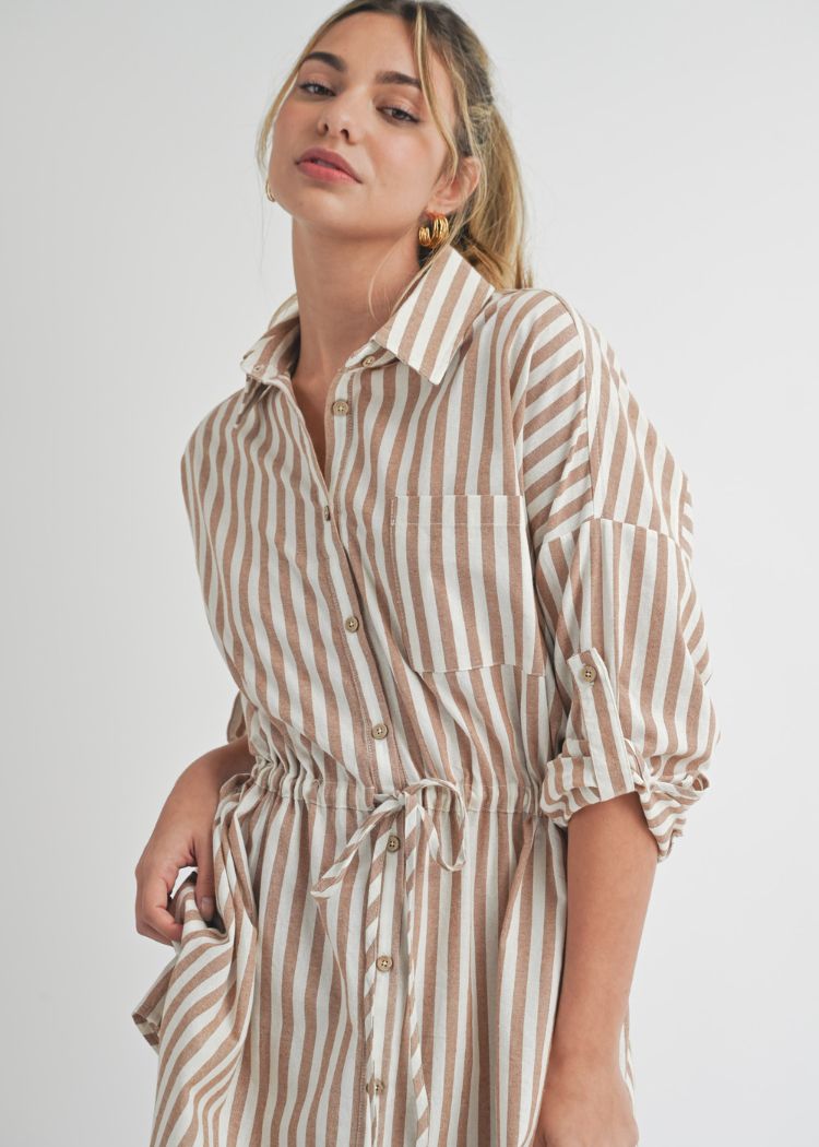 Charlotte Stripe Shirt Dress- Brown-Hand In Pocket