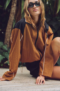 Eloise Contrast Panel Zip-Up Jacket - Camel Black-Hand In Pocket