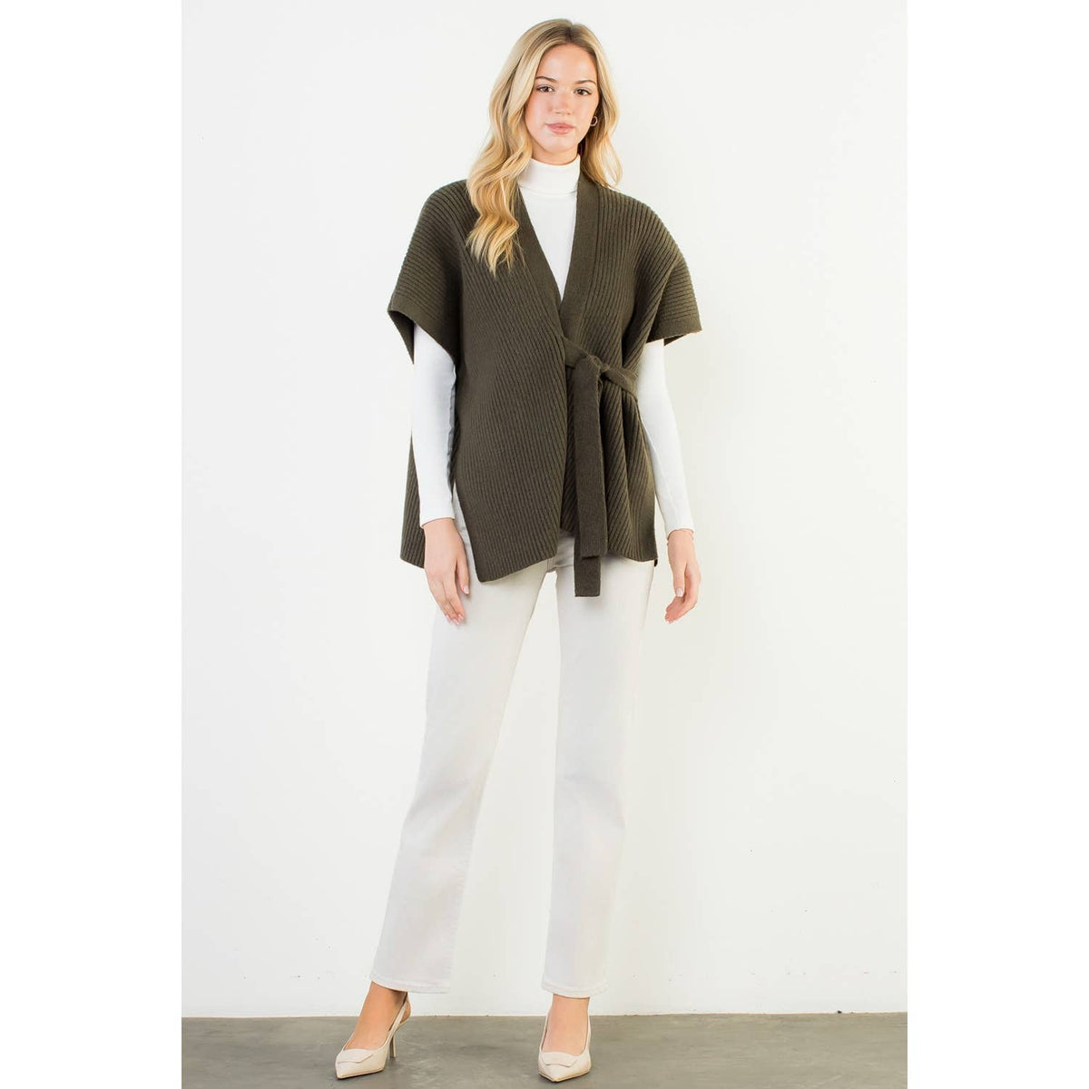 Sleeveless Knitted Cardigan: OLIVE / XS-S-M-L(1-2-2-1)-Hand In Pocket