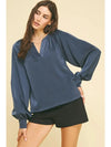 Kara V Neck Balloon Sleeve Blouse- Navy