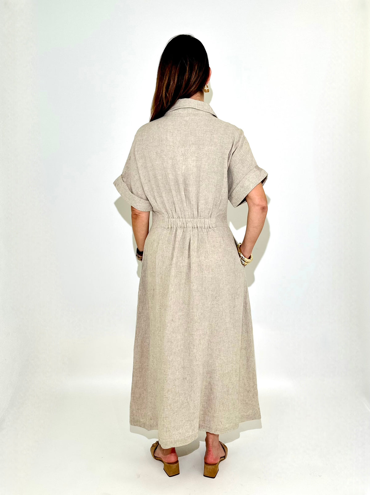 THML Ariel Button Down Midi Dress - Beige-Hand In Pocket