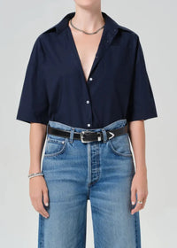 Citizens of Humanity Frances Cape Button Up - Navy-Hand In Pocket
