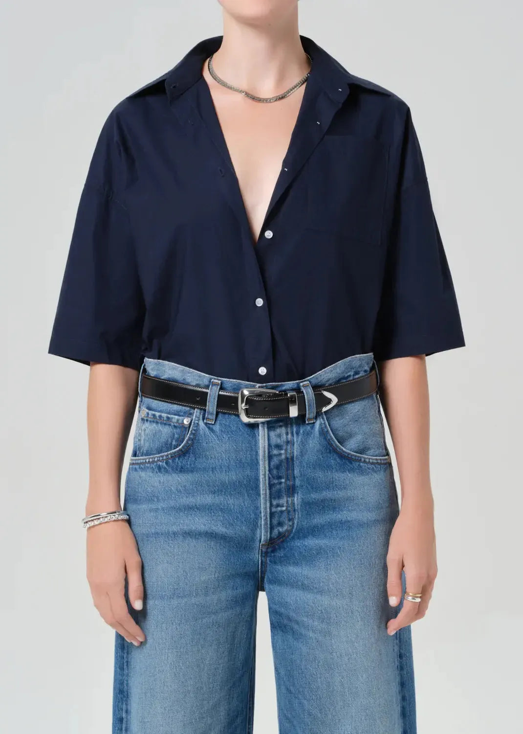 Citizens of Humanity Frances Cape Button Up - Navy-Hand In Pocket
