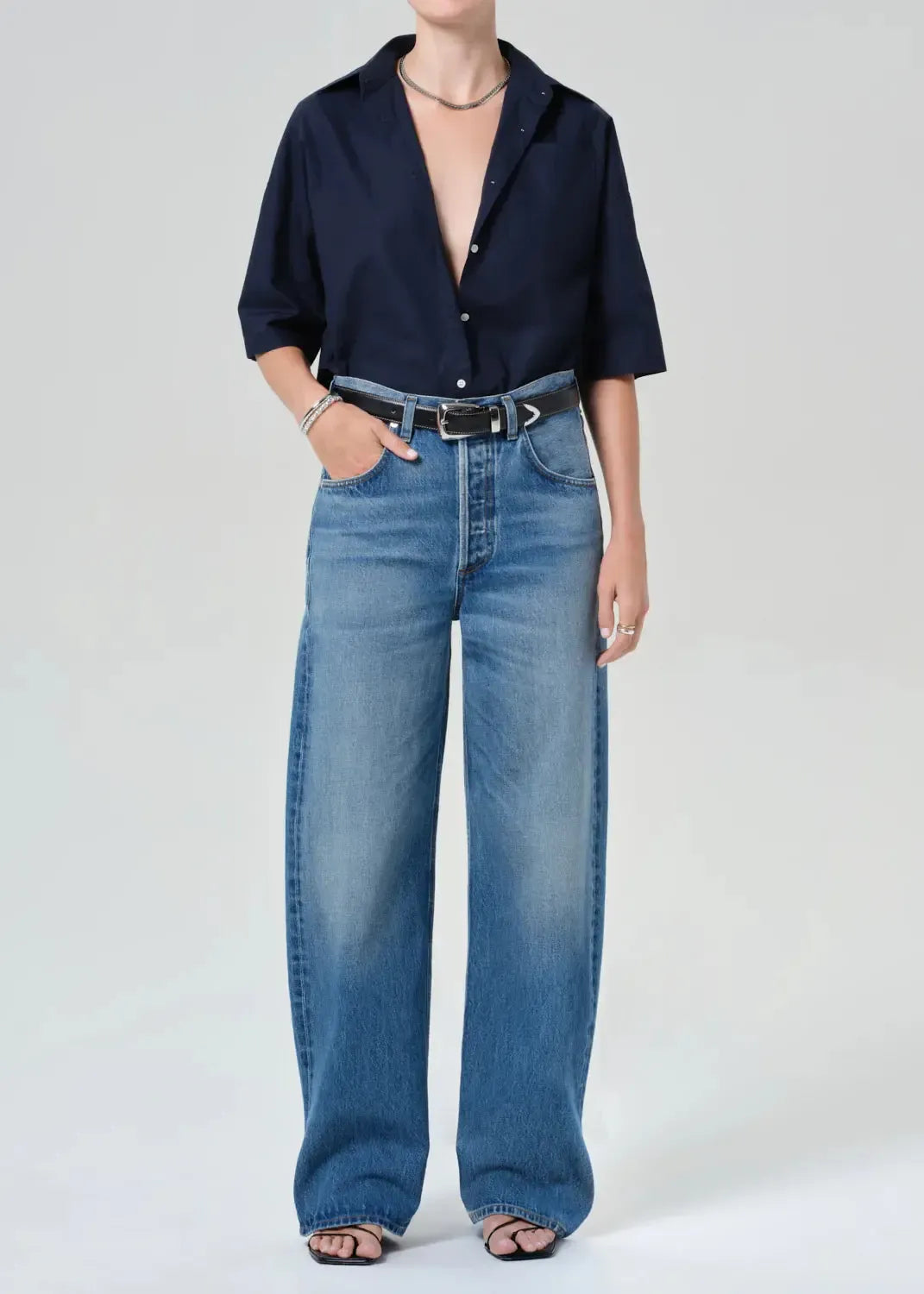 Citizens of Humanity Frances Cape Button Up - Navy-Hand In Pocket