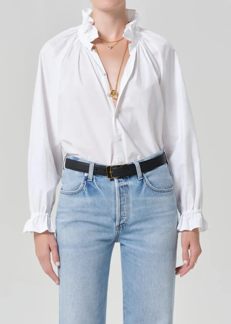 Citizens of Humanity Loretta Ruffle Top - Optic White-Hand In Pocket