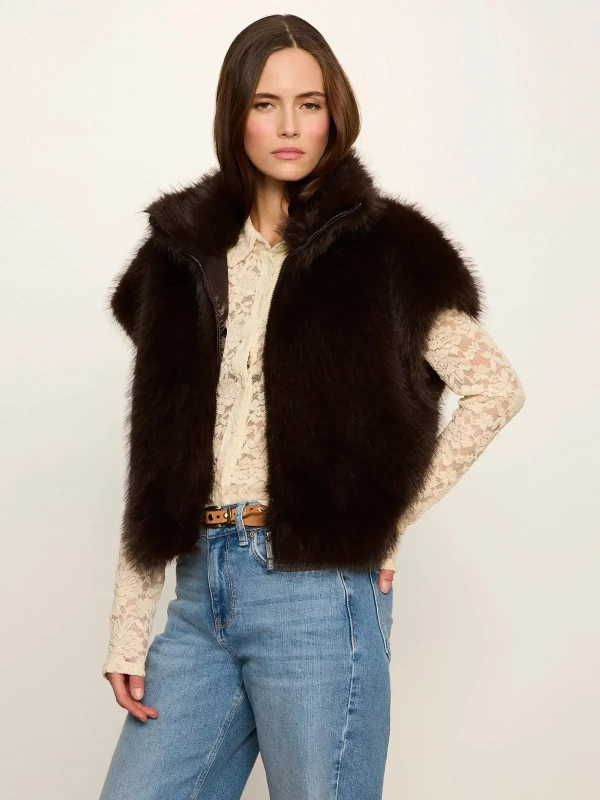 Sanctuary Silky Fur Vest - Espresso Martini-Hand In Pocket