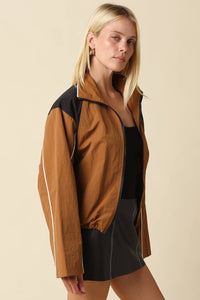 Eloise Contrast Panel Zip-Up Jacket - Camel Black-Hand In Pocket