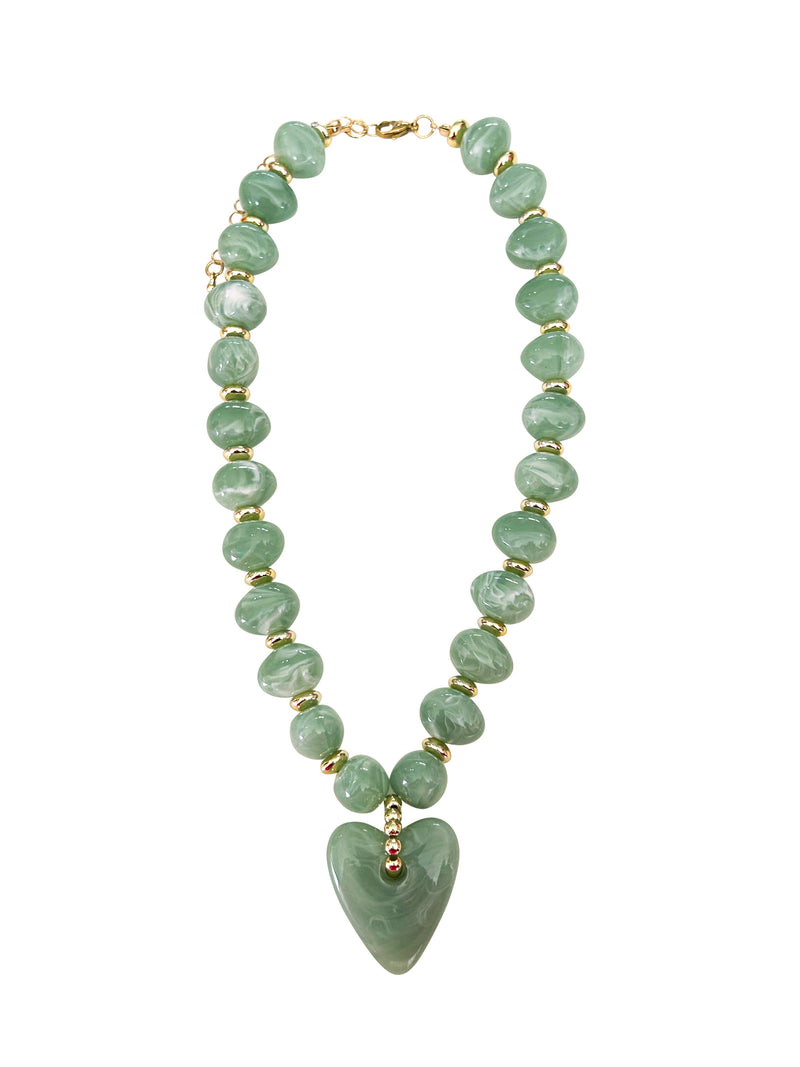 Athens Green Beaded Necklace with Heart Charm-Hand In Pocket