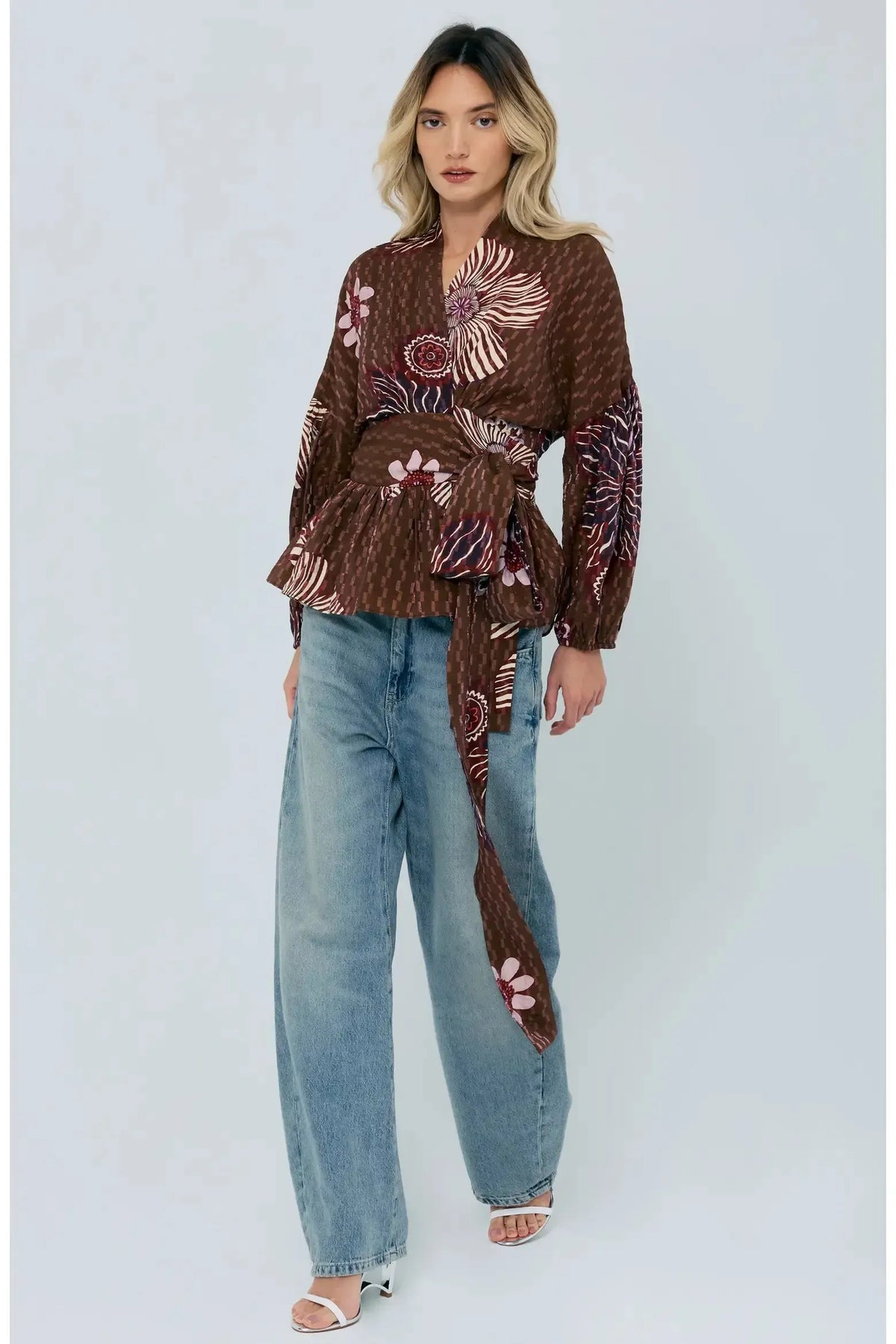 Ciebon Opal Floral Wrap Blouse - Brown Multi-Hand In Pocket