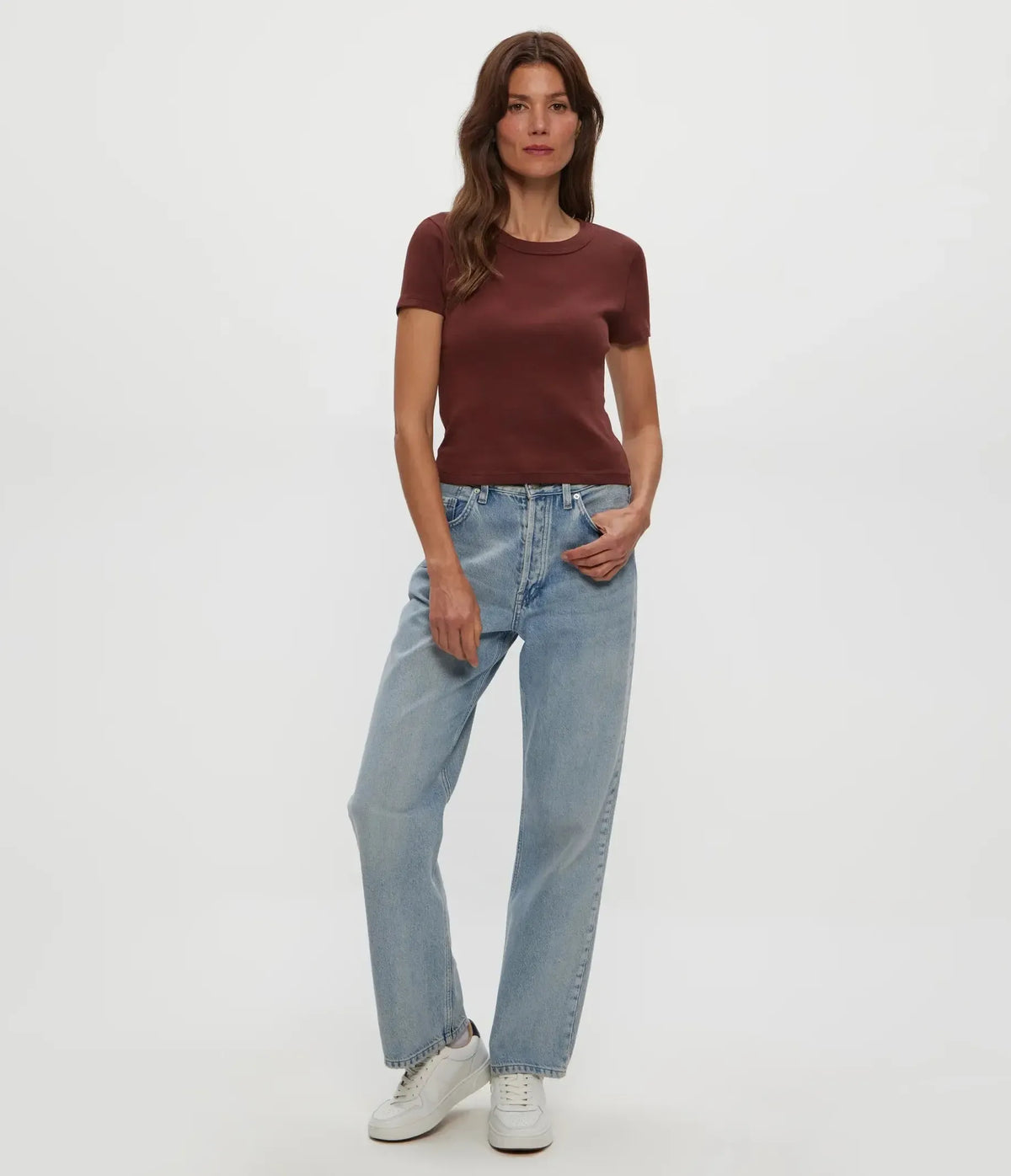 Michael Stars Mimi Crop Tee - Espresso-Hand In Pocket