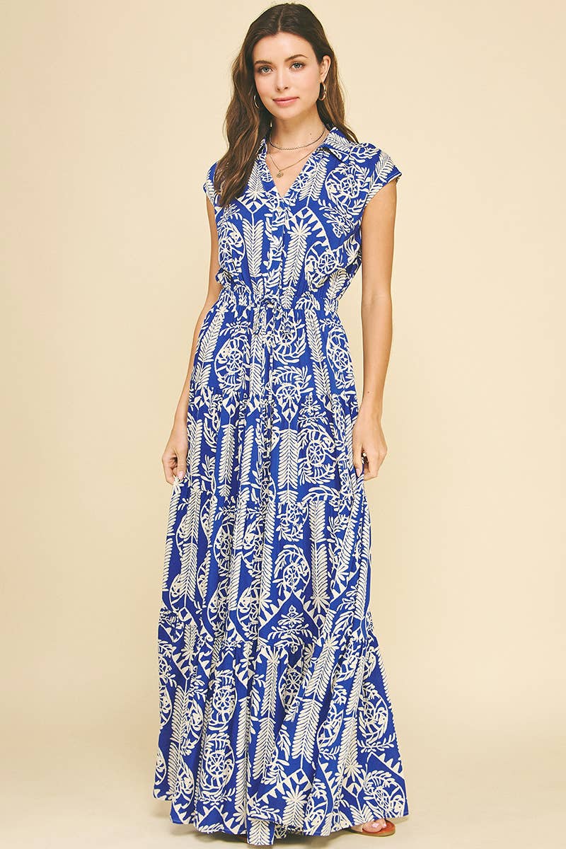 JUNGLE PRINT TIERED MAXI DRESS - 6095D: Blue / L-Hand In Pocket