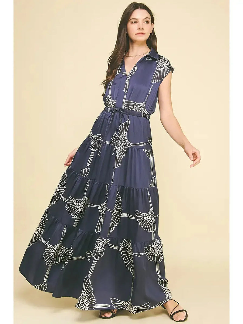 Yumi Tiered Floral Maxi Dress- Navy-Hand In Pocket