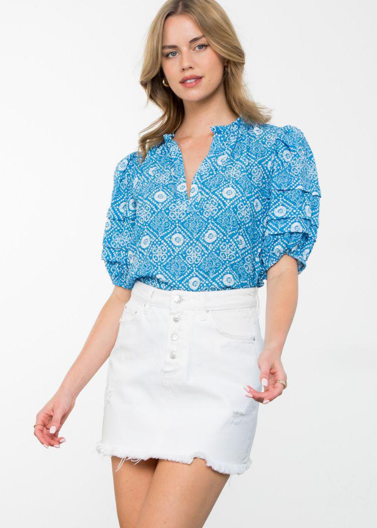 Alice Puff Sleeve Textured Print Top-Hand In Pocket