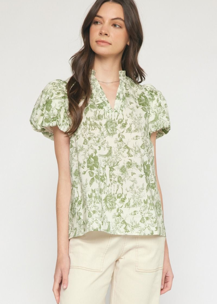 Melody Puff Sleeve Top - Olive-Hand In Pocket