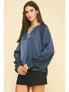 Kara V Neck Balloon Sleeve Blouse- Navy