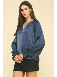 Kara V Neck Balloon Sleeve Blouse- Navy
