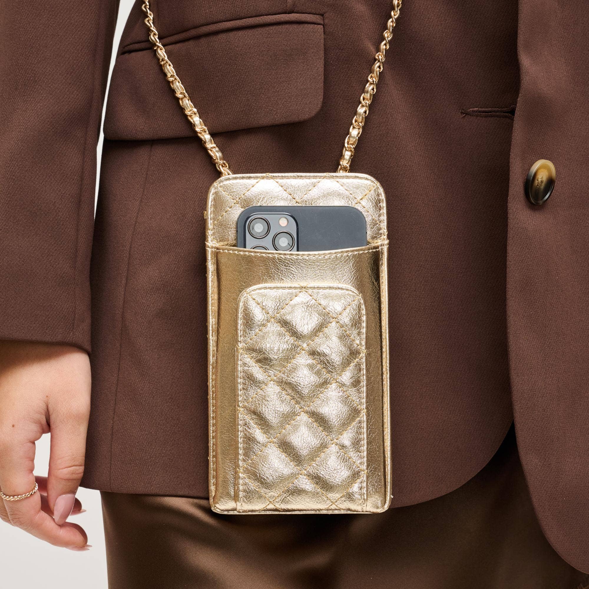 Brianna Cell Phone Crossbody - Polished Light Gold-Hand In Pocket