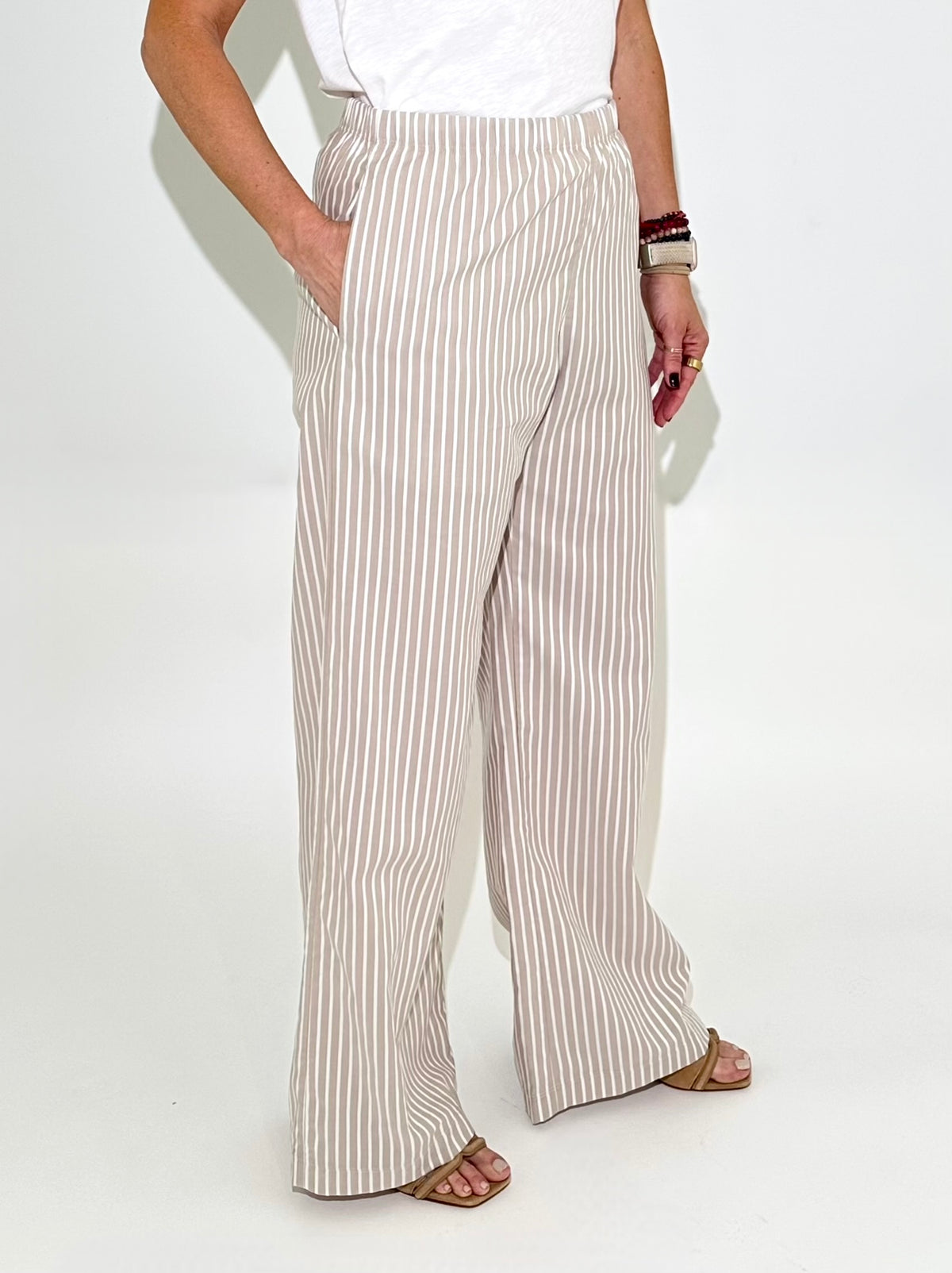 Michael Stars Taylor Striped Wide Leg Pant - Khaki-Hand In Pocket