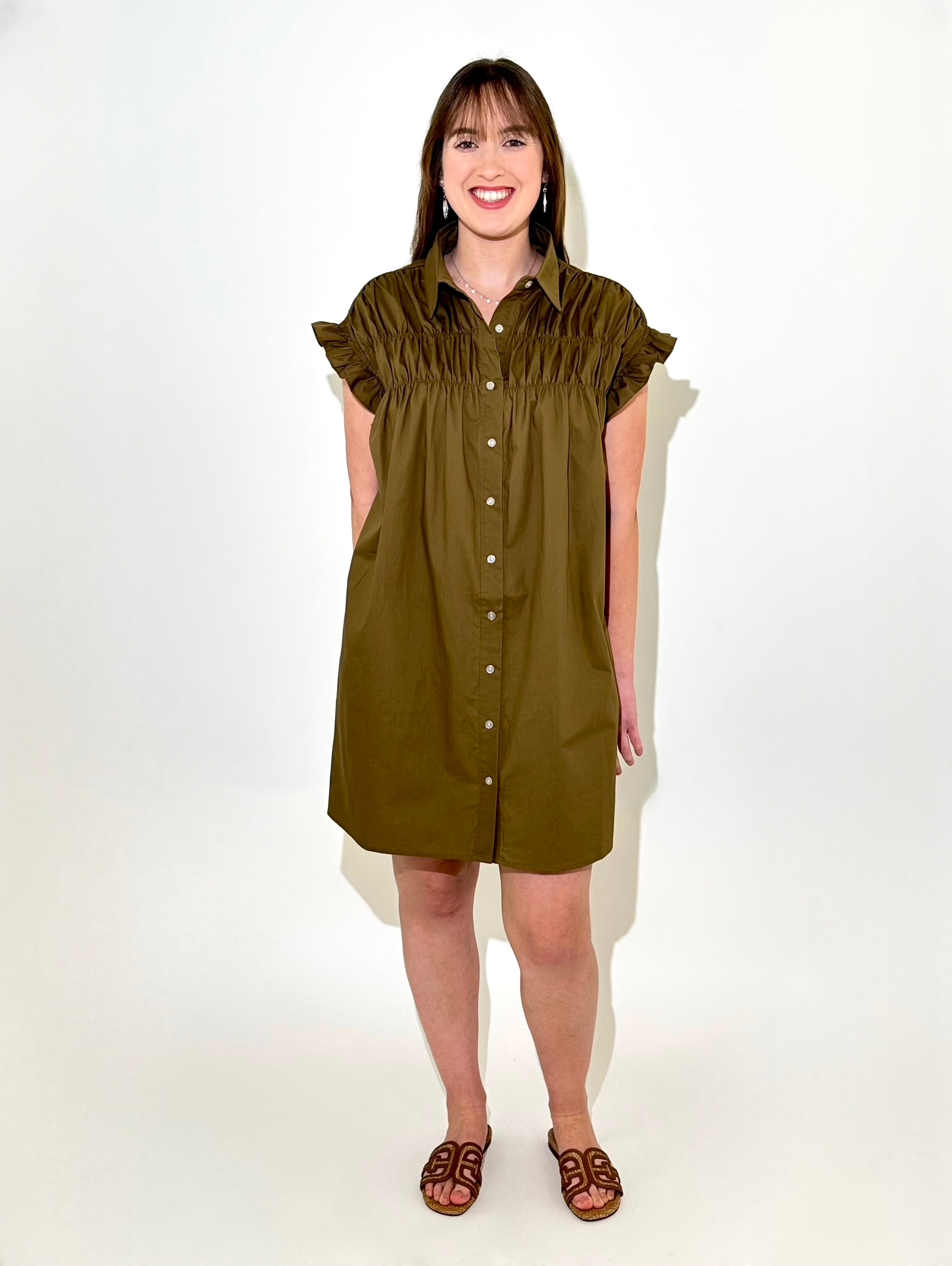 Molly Bracken Gathered Shirt Dress - Khaki-Hand In Pocket