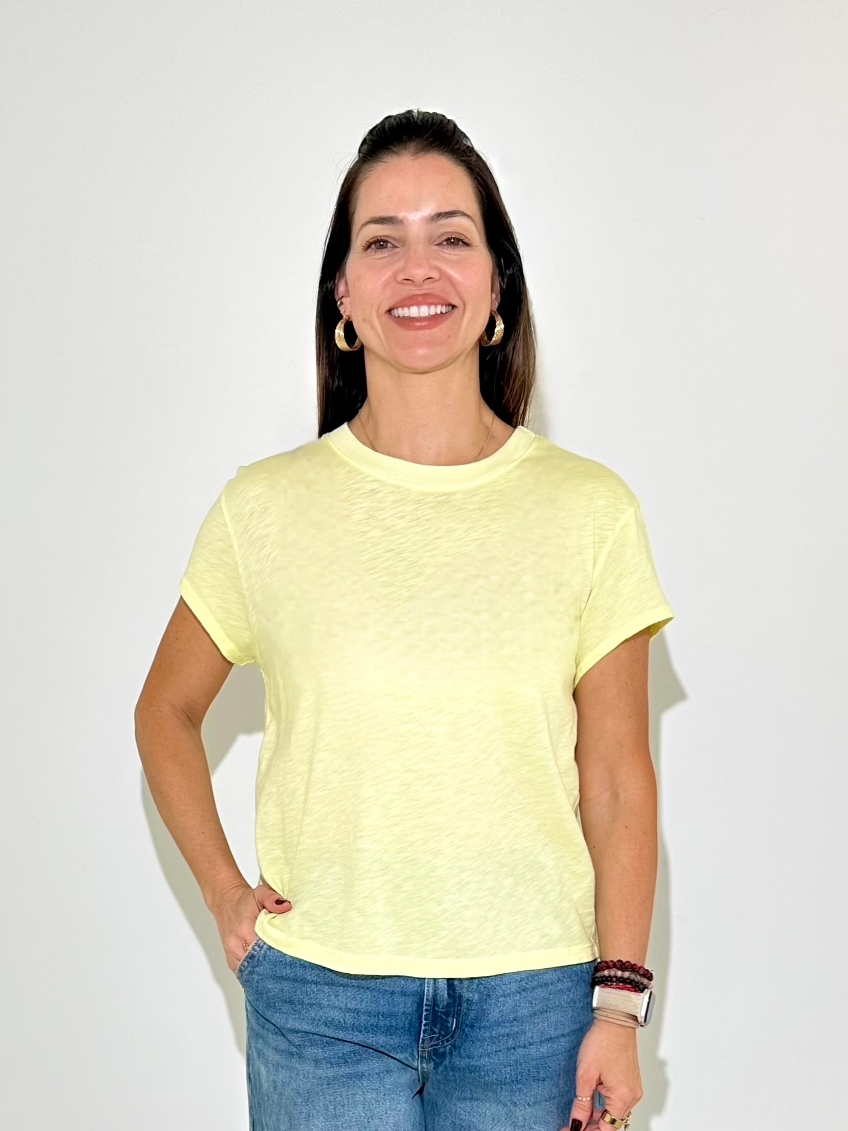 Michael Stars Grayson Cropped Crewneck - Buttercup-Hand In Pocket