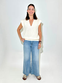 Bobi Gwen Split Neck Tee - Linen-Hand In Pocket