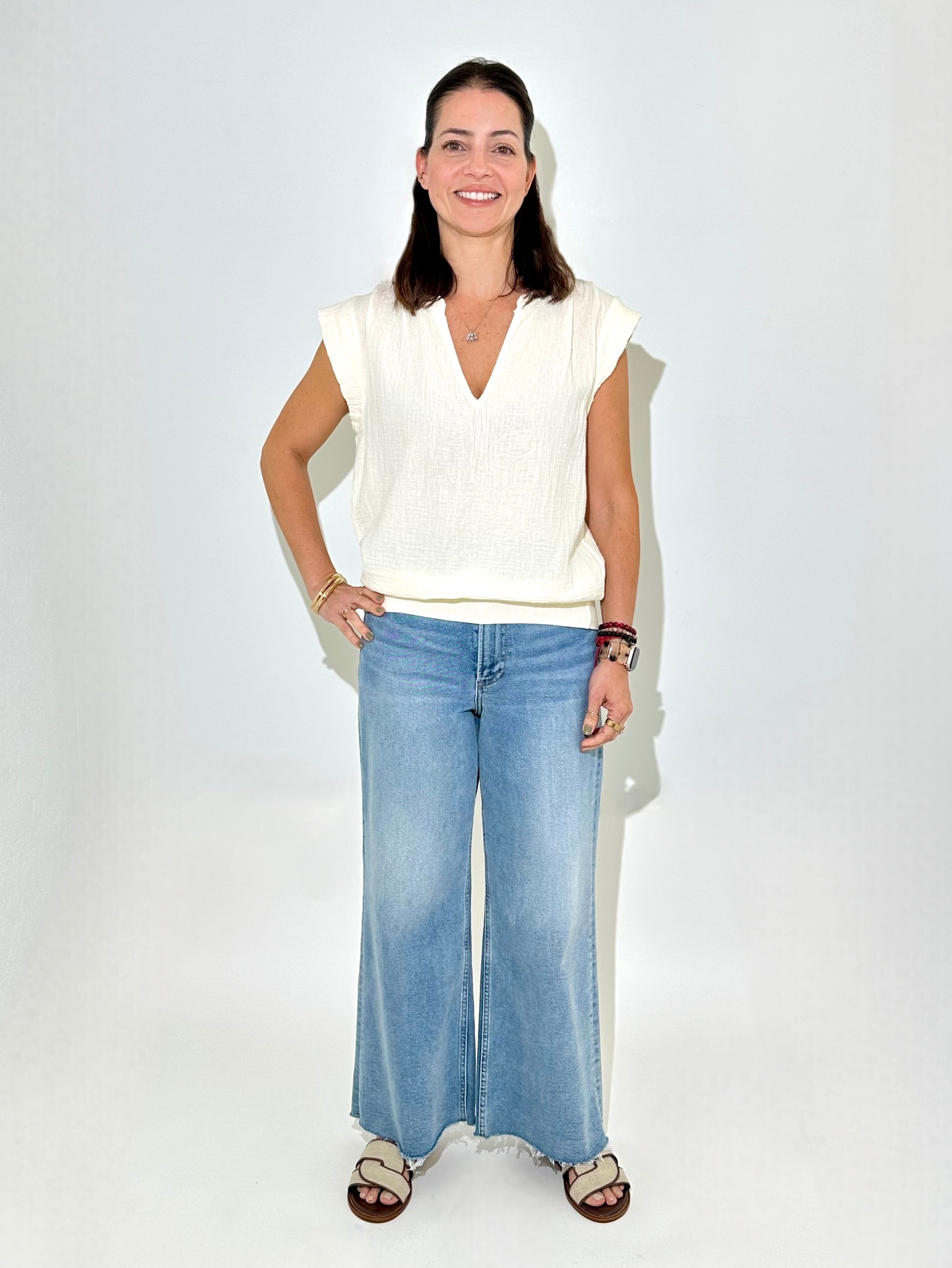 Bobi Gwen Split Neck Tee - Linen-Hand In Pocket