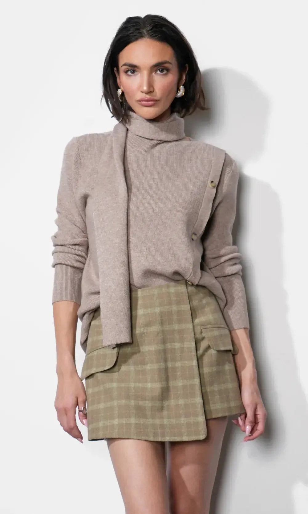 Greylin Acacia Scarf Neck Asymmetric Button Up Sweater - Almond ***FINAL SALE***-Hand In Pocket