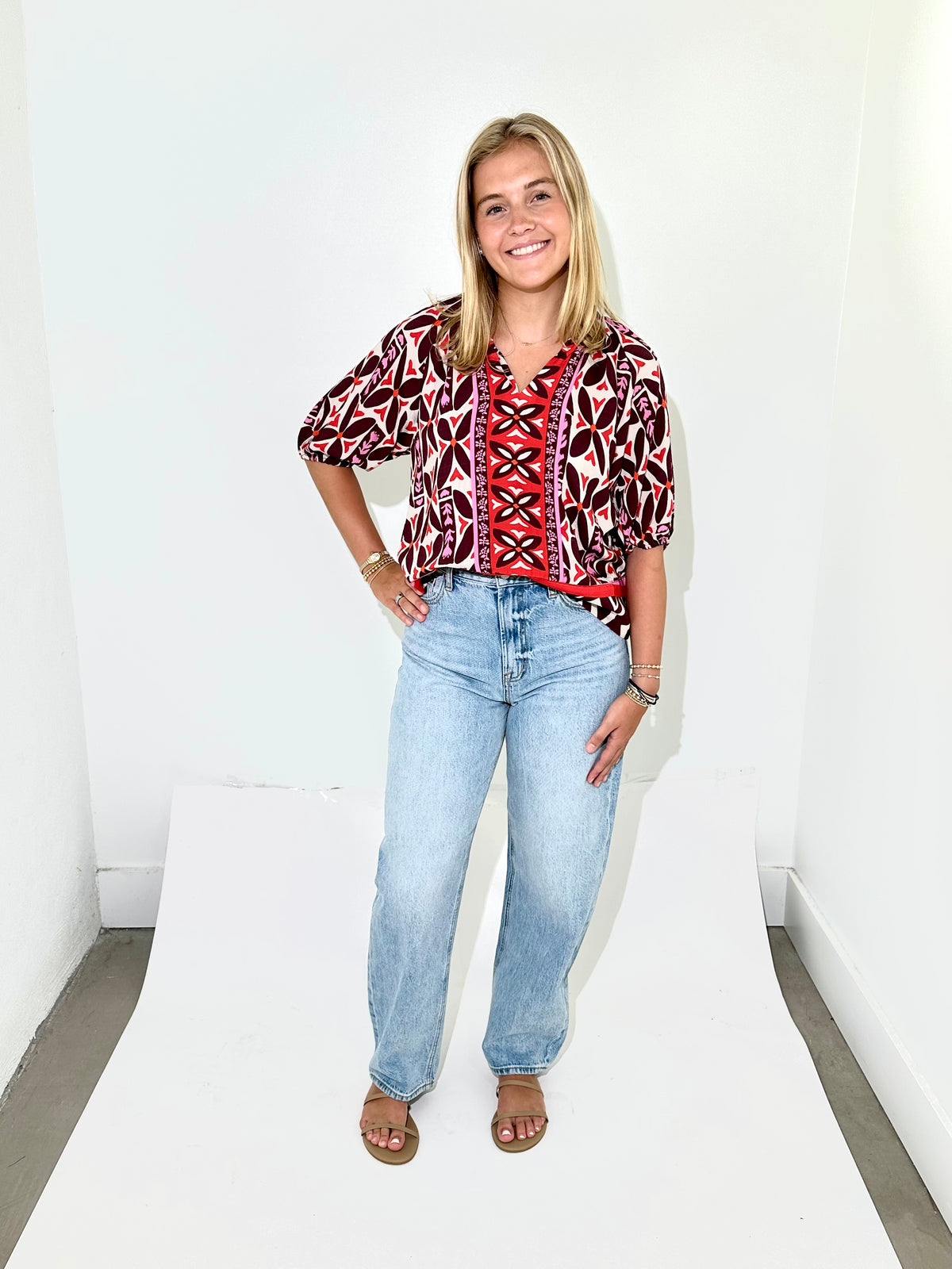THML Lucia V Neck Blouse - BG-Hand In Pocket