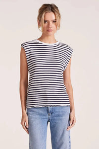 Bobi Sleeveless Crewneck Tee- Navy Stripe ***FINAL SALE***-Hand In Pocket