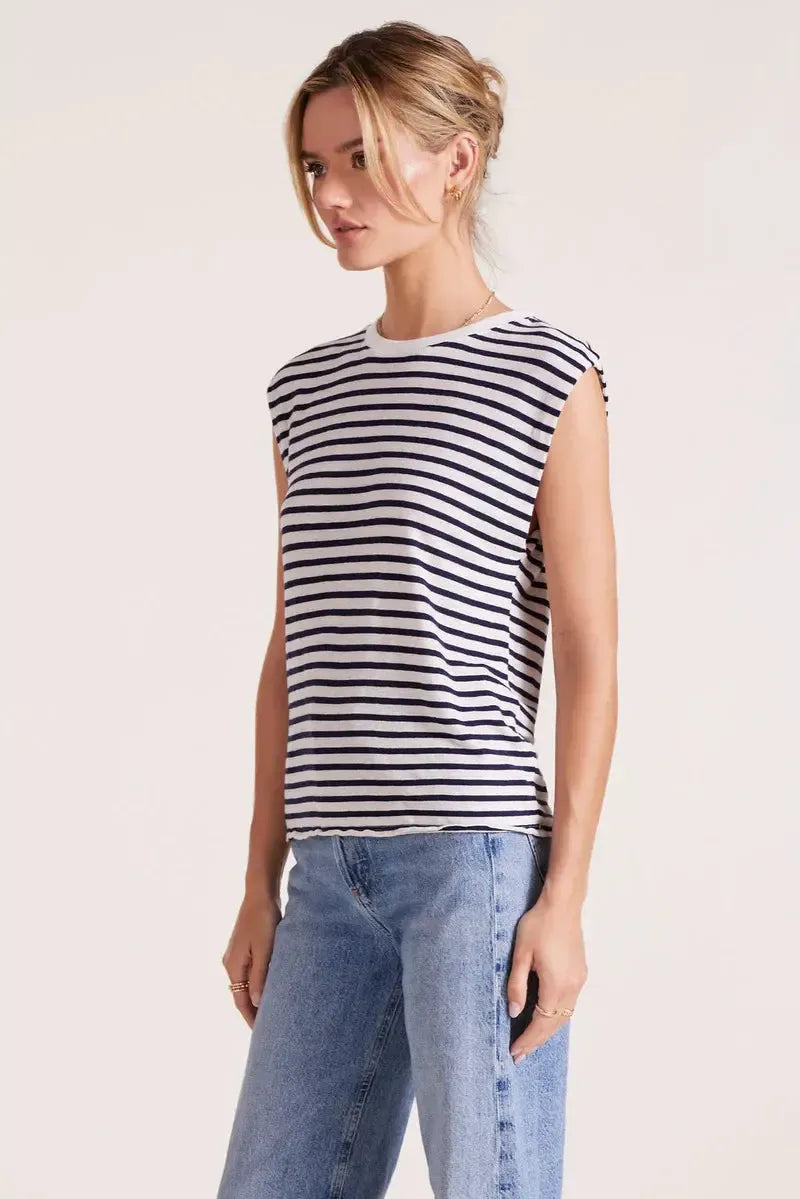 Bobi Sleeveless Crewneck Tee- Navy Stripe ***FINAL SALE***-Hand In Pocket
